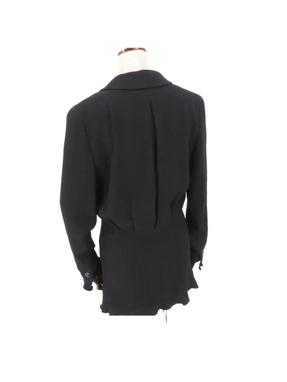 Chanel Ruffle Jacket CC Logo Front Zip Black Wool Rayon Tailored 38